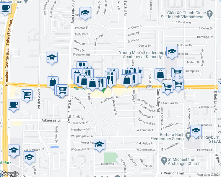 map of restaurants, bars, coffee shops, grocery stores, and more near 501 Texas 303 Spur in Grand Prairie