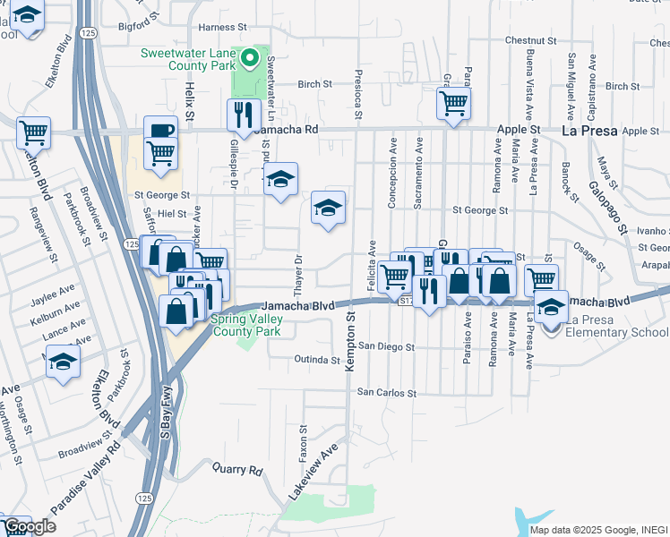 map of restaurants, bars, coffee shops, grocery stores, and more near 9135 Orville Street in Spring Valley