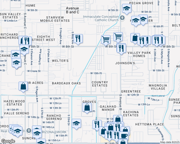 map of restaurants, bars, coffee shops, grocery stores, and more near 2835 West 10th Place in Yuma