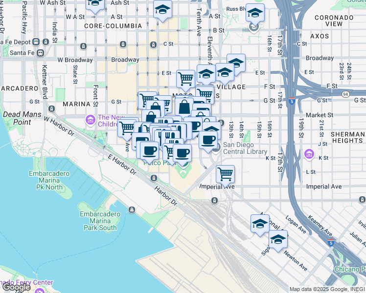 map of restaurants, bars, coffee shops, grocery stores, and more near 787 J Street in San Diego