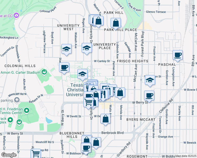 map of restaurants, bars, coffee shops, grocery stores, and more near 2800 South University Drive in Fort Worth