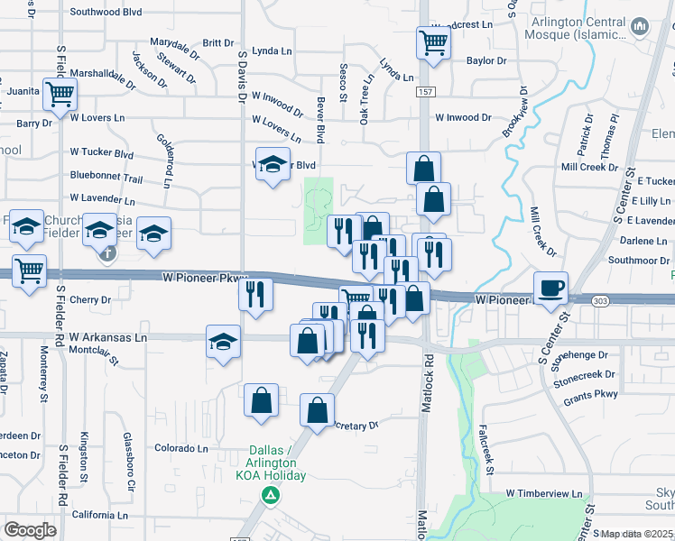 map of restaurants, bars, coffee shops, grocery stores, and more near 941 West Pioneer Parkway in Arlington
