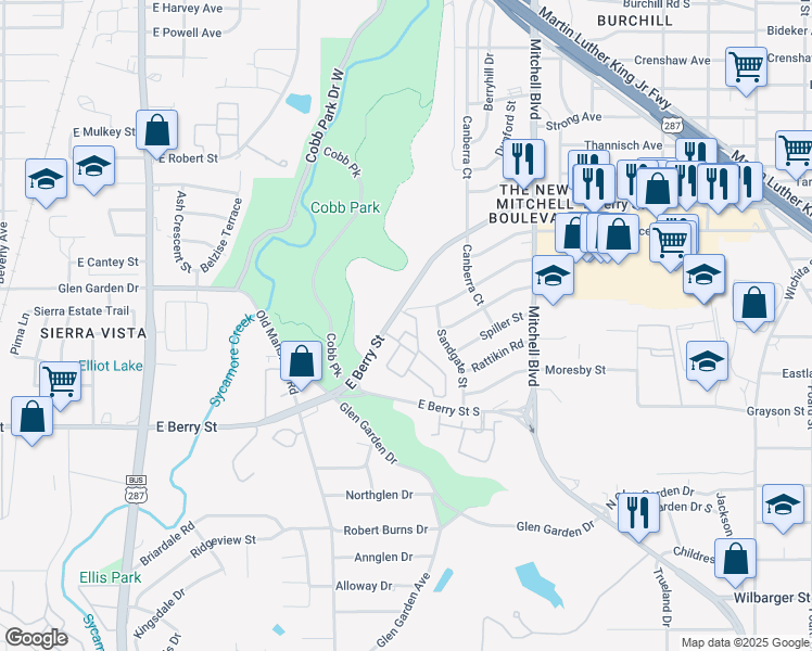 map of restaurants, bars, coffee shops, grocery stores, and more near 2400 East Berry Street in Fort Worth