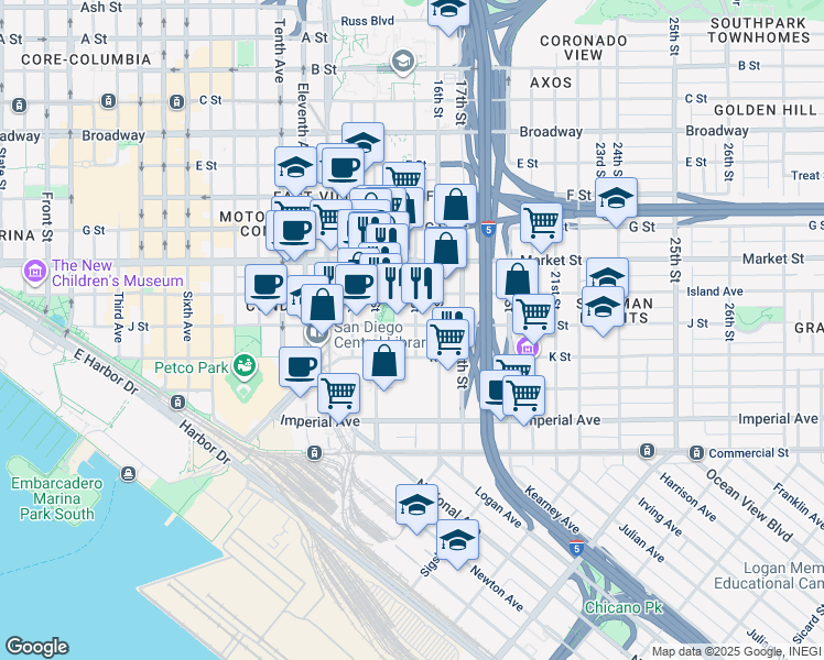 map of restaurants, bars, coffee shops, grocery stores, and more near 335 15th Street in San Diego