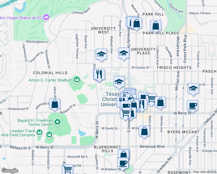 map of restaurants, bars, coffee shops, grocery stores, and more near 3204 Main Drive in Fort Worth