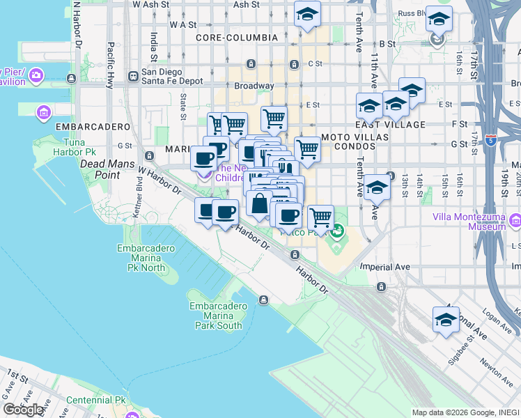 map of restaurants, bars, coffee shops, grocery stores, and more near 333 J Street in San Diego