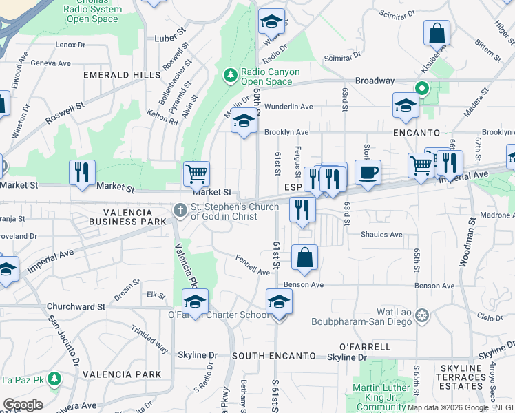 map of restaurants, bars, coffee shops, grocery stores, and more near Imperial Avenue & 60th Street in San Diego