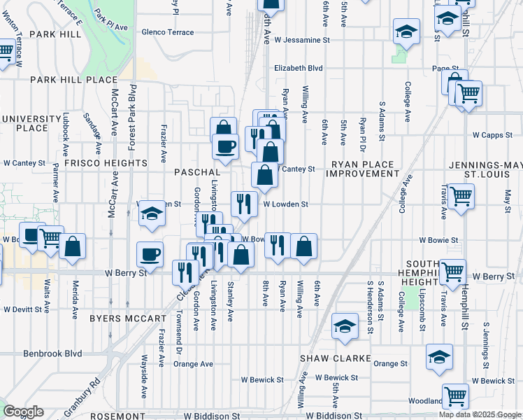 map of restaurants, bars, coffee shops, grocery stores, and more near 2906 8th Avenue in Fort Worth