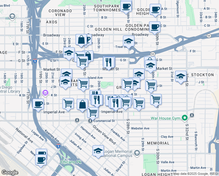 map of restaurants, bars, coffee shops, grocery stores, and more near 2663 J Street in San Diego