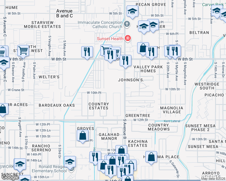 map of restaurants, bars, coffee shops, grocery stores, and more near 2614-2702 South Brahma Lane in Yuma