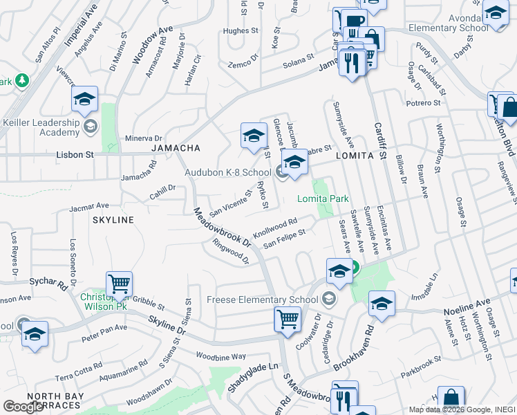 map of restaurants, bars, coffee shops, grocery stores, and more near 8005 Pala Street in San Diego