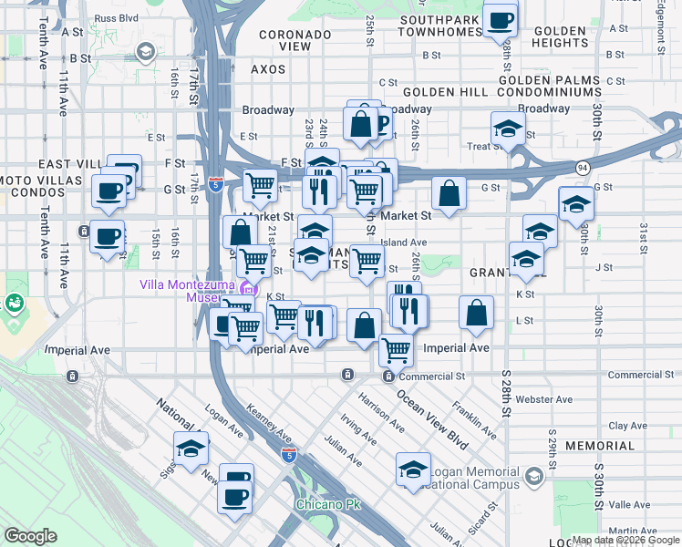 map of restaurants, bars, coffee shops, grocery stores, and more near 2465 J Street in San Diego