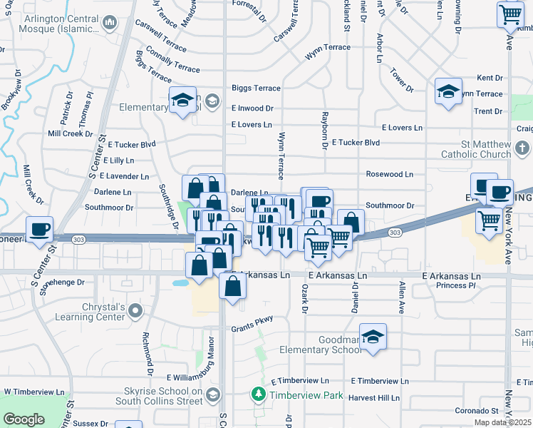 map of restaurants, bars, coffee shops, grocery stores, and more near 1028 Bland Drive in Arlington