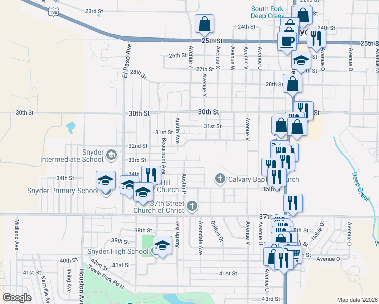 map of restaurants, bars, coffee shops, grocery stores, and more near 2201-2599 33rd St in Snyder