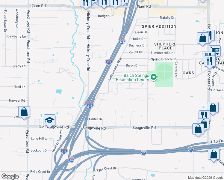 map of restaurants, bars, coffee shops, grocery stores, and more near 4400 Ambassador Way in Balch Springs