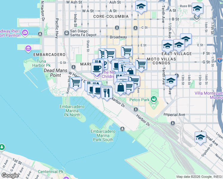 map of restaurants, bars, coffee shops, grocery stores, and more near in San Diego