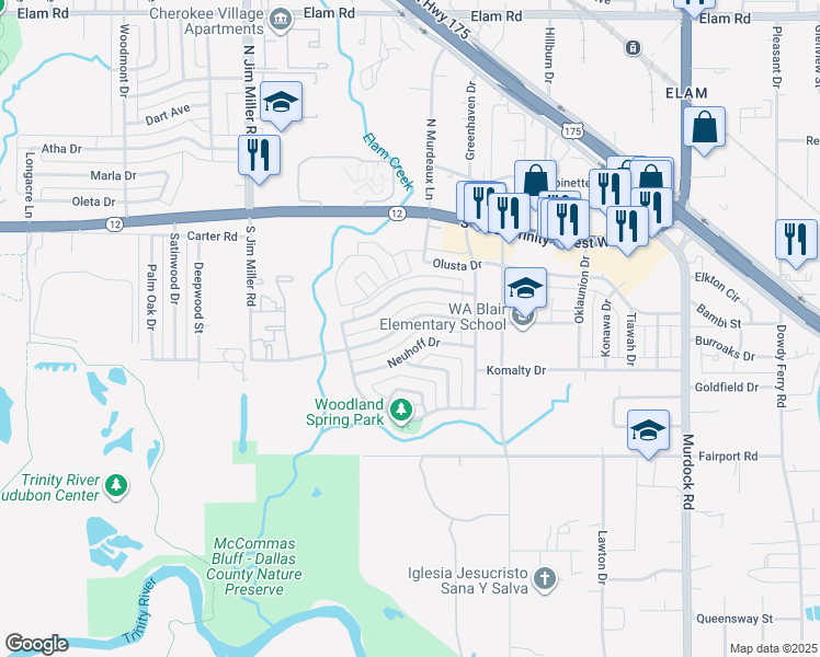 map of restaurants, bars, coffee shops, grocery stores, and more near 7416 Gayglen Drive in Dallas