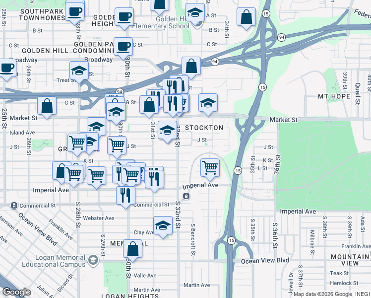 map of restaurants, bars, coffee shops, grocery stores, and more near 3221 J Street in San Diego