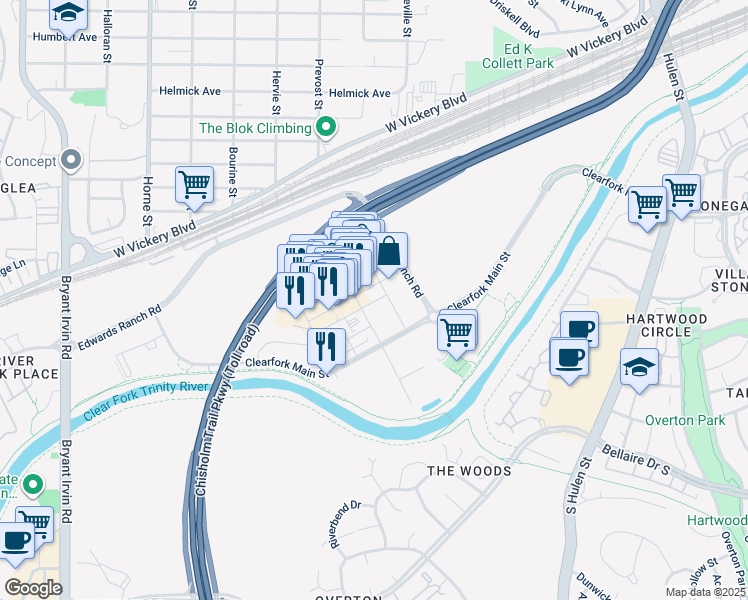 map of restaurants, bars, coffee shops, grocery stores, and more near 5199 Apache Plume Road in Fort Worth