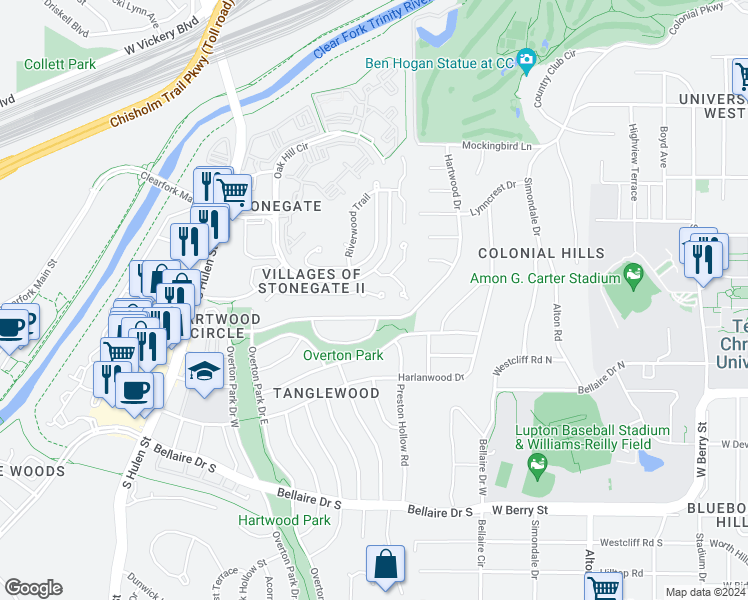 map of restaurants, bars, coffee shops, grocery stores, and more near 2809 Oakbriar Trail in Fort Worth