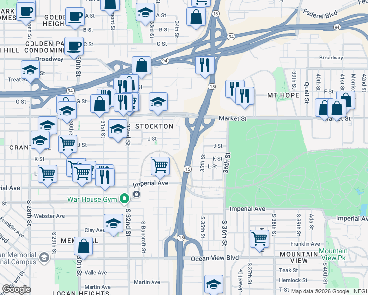map of restaurants, bars, coffee shops, grocery stores, and more near 335 34th Street in San Diego