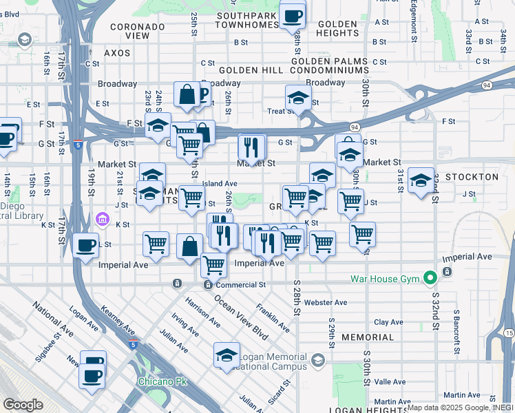 map of restaurants, bars, coffee shops, grocery stores, and more near 2687 J Street in San Diego