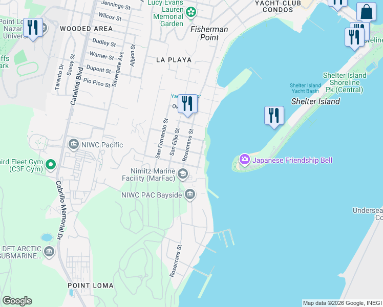 map of restaurants, bars, coffee shops, grocery stores, and more near 365 Rosecrans Street in San Diego