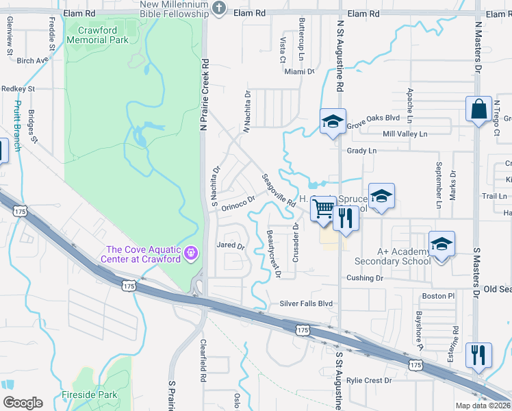map of restaurants, bars, coffee shops, grocery stores, and more near 9046 Orinoco Drive in Dallas