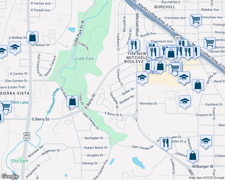 map of restaurants, bars, coffee shops, grocery stores, and more near 3512 Sandgate Street in Fort Worth