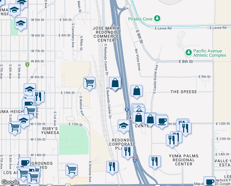 map of restaurants, bars, coffee shops, grocery stores, and more near 1001 South Redondo Center Drive in Yuma