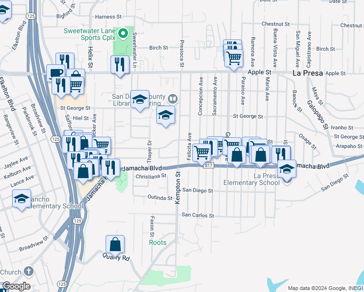 map of restaurants, bars, coffee shops, grocery stores, and more near 651 Kempton Street in Spring Valley