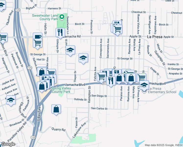 map of restaurants, bars, coffee shops, grocery stores, and more near 651 Kempton Street in Spring Valley