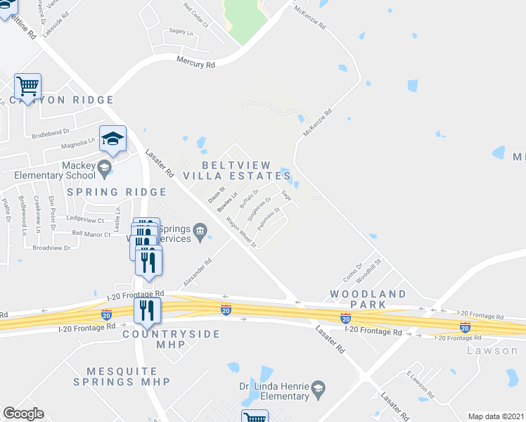 map of restaurants, bars, coffee shops, grocery stores, and more near 119 Palomino Street in Mesquite