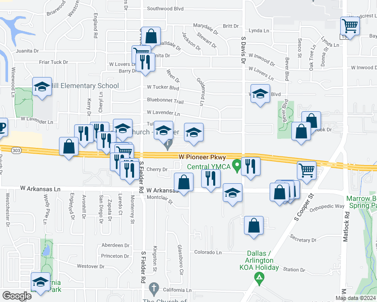 map of restaurants, bars, coffee shops, grocery stores, and more near 1333 Texas 303 Spur in Arlington