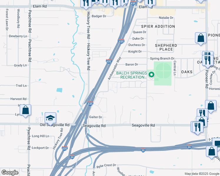 map of restaurants, bars, coffee shops, grocery stores, and more near 4402 Ambassador Way in Balch Springs