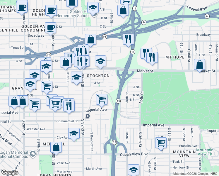 map of restaurants, bars, coffee shops, grocery stores, and more near 3348 Spring Garden Place in San Diego