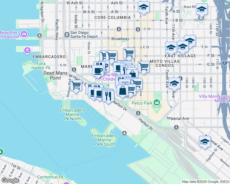 map of restaurants, bars, coffee shops, grocery stores, and more near 2 J Street in San Diego