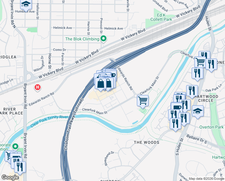 map of restaurants, bars, coffee shops, grocery stores, and more near 5217 Marathon Avenue in Fort Worth