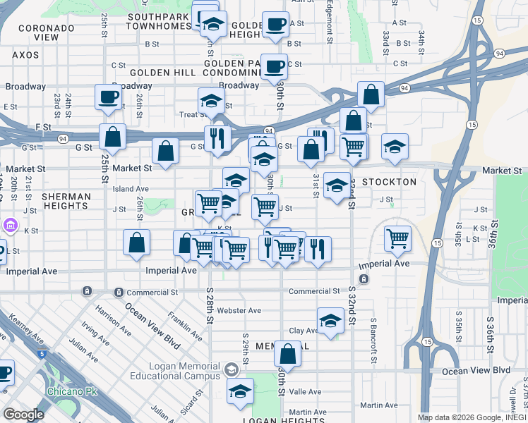 map of restaurants, bars, coffee shops, grocery stores, and more near 320 30th Street in San Diego