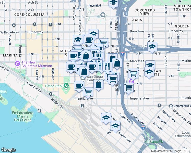 map of restaurants, bars, coffee shops, grocery stores, and more near 1431-33 J Street in San Diego