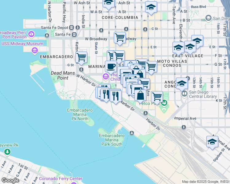 map of restaurants, bars, coffee shops, grocery stores, and more near in San Diego