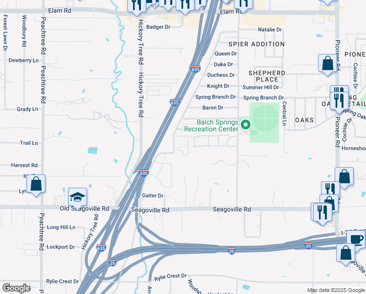 map of restaurants, bars, coffee shops, grocery stores, and more near in Balch Springs