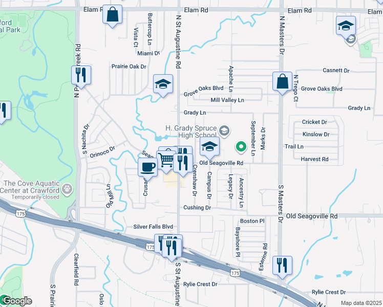 map of restaurants, bars, coffee shops, grocery stores, and more near 9706 Old Seagoville Road in Dallas