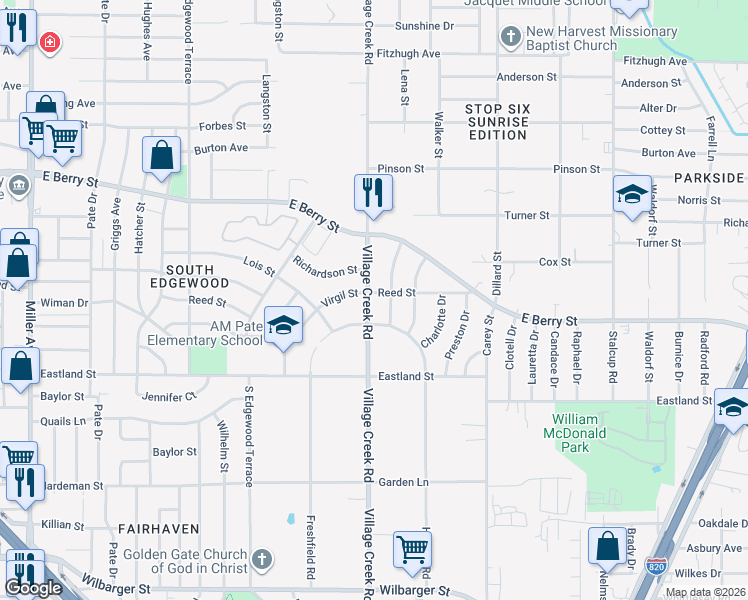 map of restaurants, bars, coffee shops, grocery stores, and more near 3713 Village Creek Road in Fort Worth