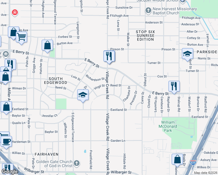 map of restaurants, bars, coffee shops, grocery stores, and more near 3713 Village Creek Road in Fort Worth