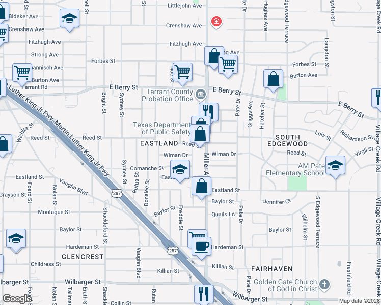 map of restaurants, bars, coffee shops, grocery stores, and more near 4112 Wiman Drive in Fort Worth