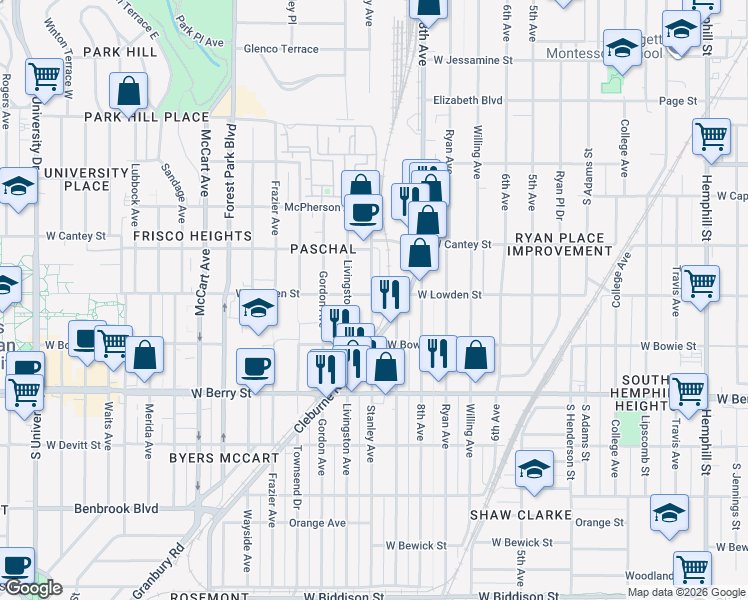 map of restaurants, bars, coffee shops, grocery stores, and more near 2924 Cleburne Road in Fort Worth
