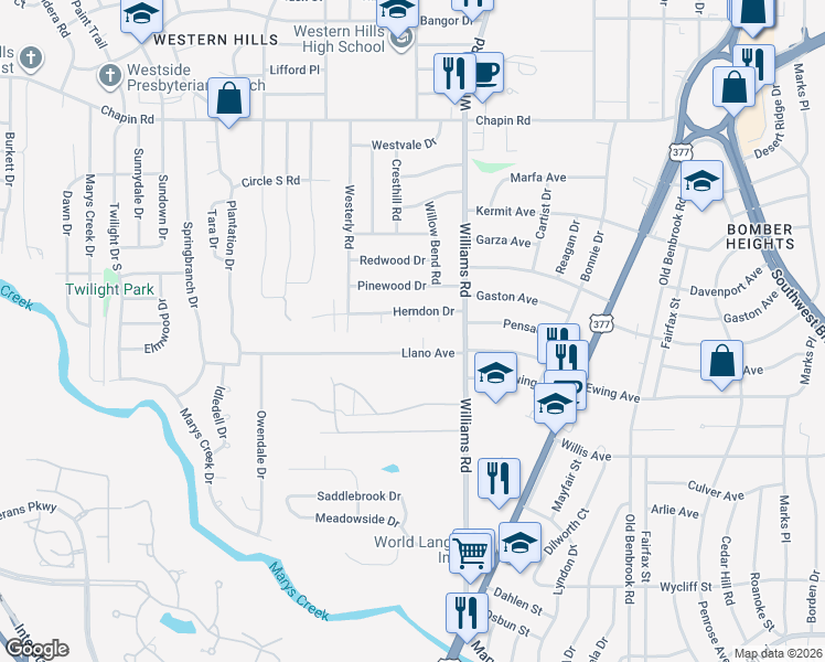 map of restaurants, bars, coffee shops, grocery stores, and more near 4209 Shipley Court in Benbrook