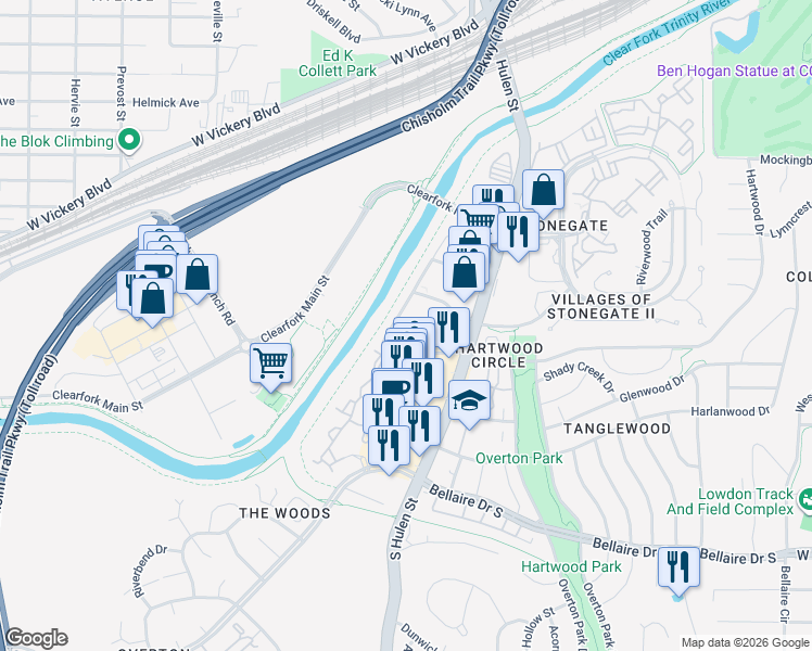map of restaurants, bars, coffee shops, grocery stores, and more near 4548 Hartwood Drive in Fort Worth