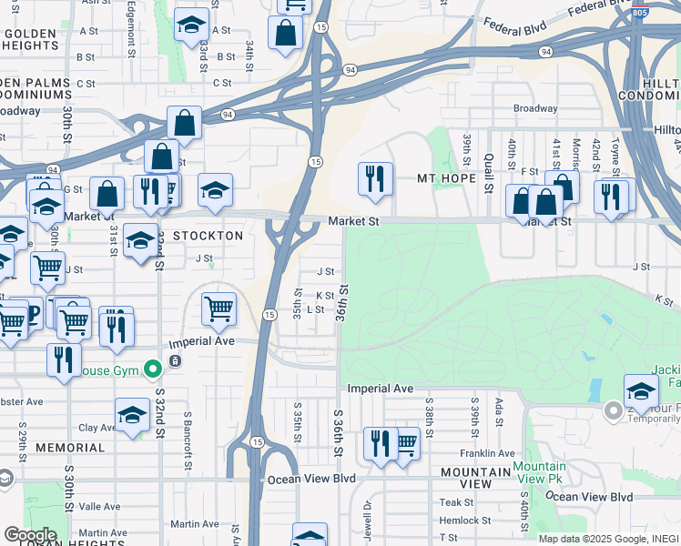map of restaurants, bars, coffee shops, grocery stores, and more near 3581 J Street in San Diego